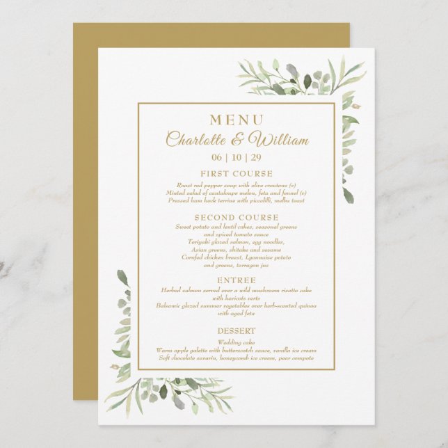 Menu de dîner à l'aquarelle élégante avec verdure  (Devant / Derrière)