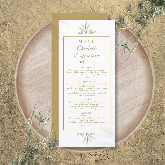 Menu de dîner à l'aquarelle élégante avec verdure  (Elegant Watercolor Greenery Gold Dinner Menu)