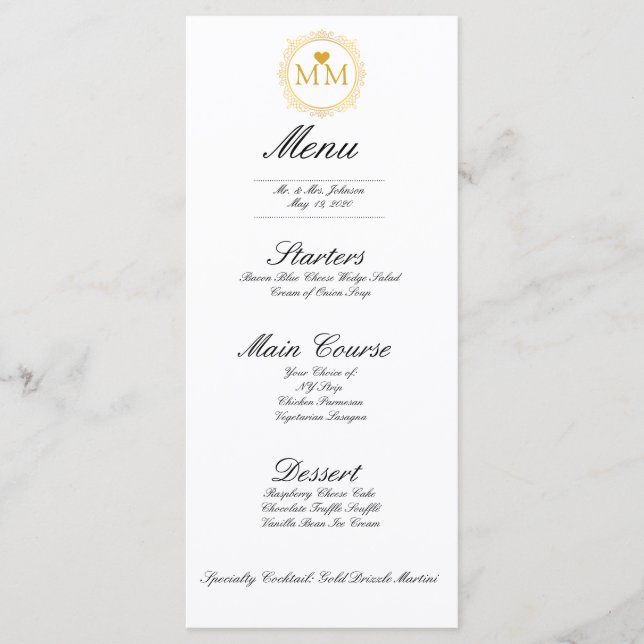 Menu de dîner à monogramme cœur doré de mariage ro (Devant)