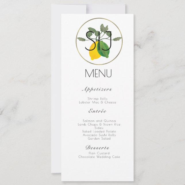 Menu de dîner aquarelle doré citron pour mariage (Devant)