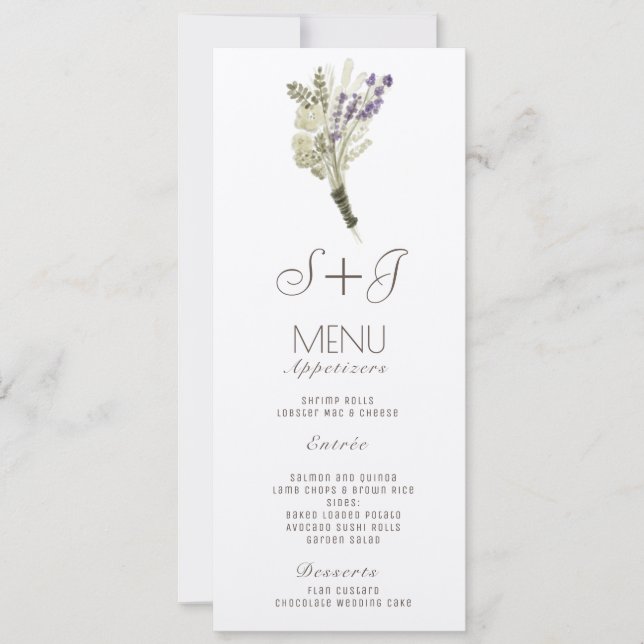 Menu de dîner Bouquet rustique à l'aquarelle lavan (Devant)