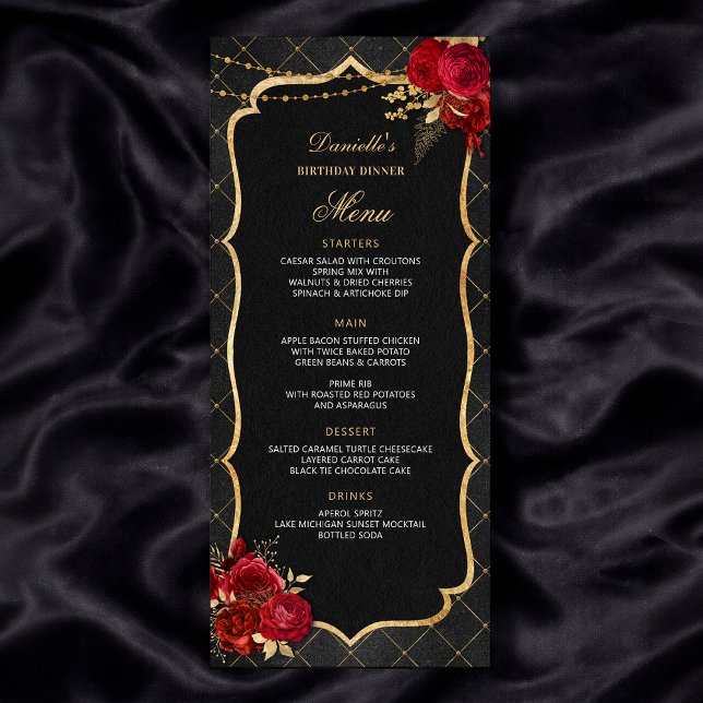 Menu de dîner d'anniversaire Rouge Noir et Or (Red Black and Gold Birthday Dinner Menu
)