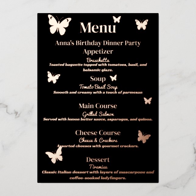 Menu de dîner d'anniversaire sur le thème du papil (Recto)
