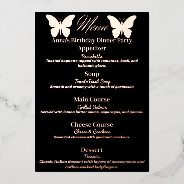 Menu de dîner d'anniversaire sur le thème du papil (Recto)