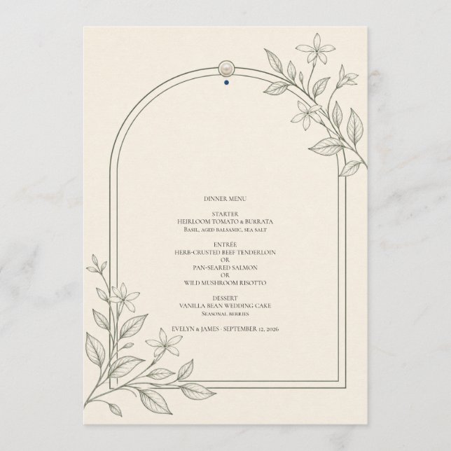 Menu de dîner de mariage à arche botanique moderne (Devant)
