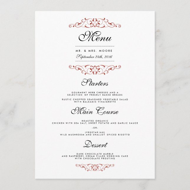 Menu de dîner de mariage à flourish rouge élégant (Devant)