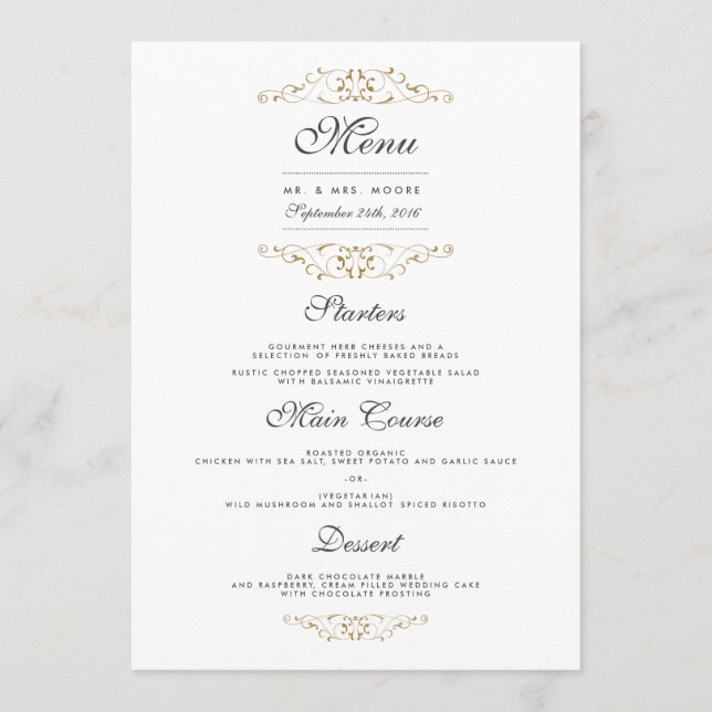 Menu de dîner de mariage à la touche d'or antique (Devant)