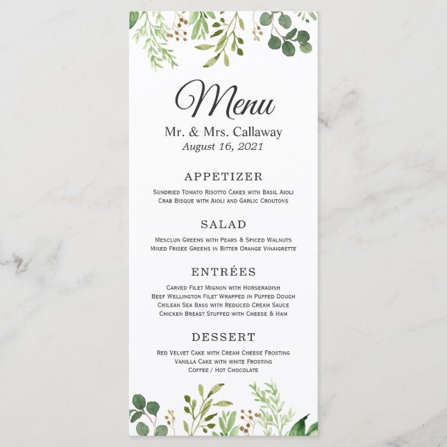 Menu de dîner de mariage à la verdure d'eucalyptus (Devant)