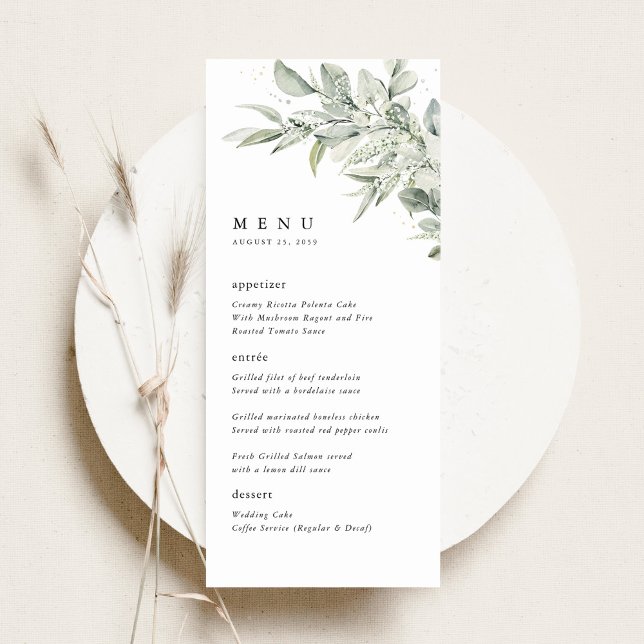 Menu de dîner de mariage à l'aquarelle botanique v (Sage green botanical watercolor wedding menu card, elegant minimalist reception stationery)