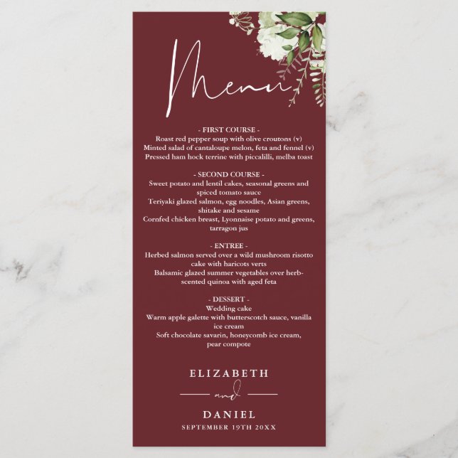 Menu de dîner de mariage à monogramme de verdure r (Devant)