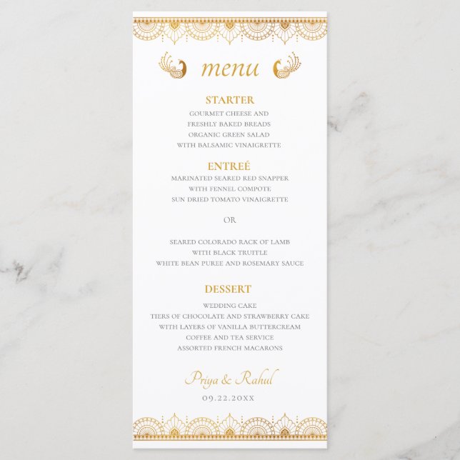 Menu de dîner de mariage à motif or indien (Devant)