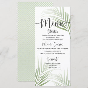 Menu de dîner de mariage aux palmiers tropicaux
