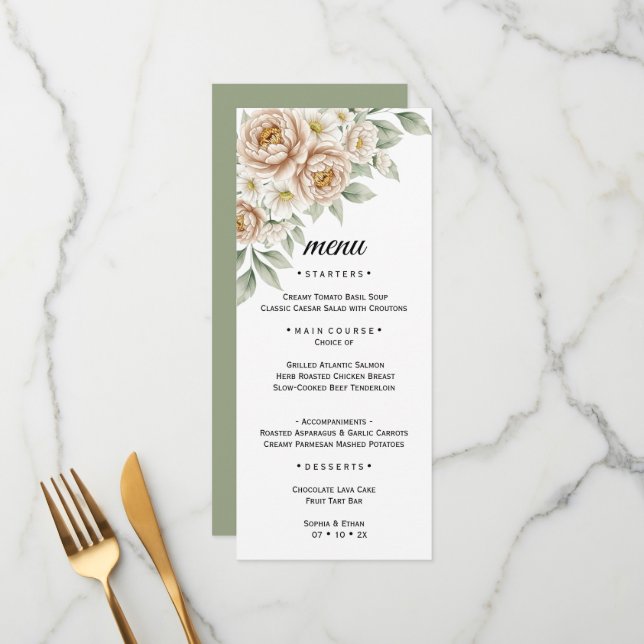 Menu de dîner de mariage botanique à l'aquarelle n (Devant/Arrière en situation)