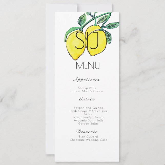 Menu de dîner de mariage bouquet de citron aquarel (Devant)