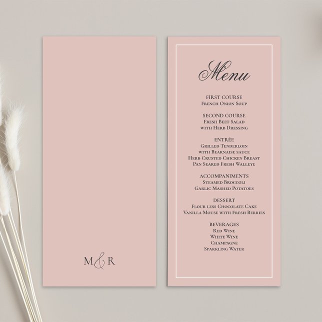Menu de dîner de mariage écriture rose poudrée (Blush pink wedding menu card template. )