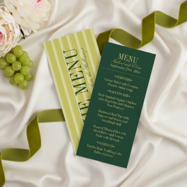 Menu de dîner de mariage élégant à rayures vert ch (Elegant Chartreuse Green Stripe Wedding Dinner Menu)