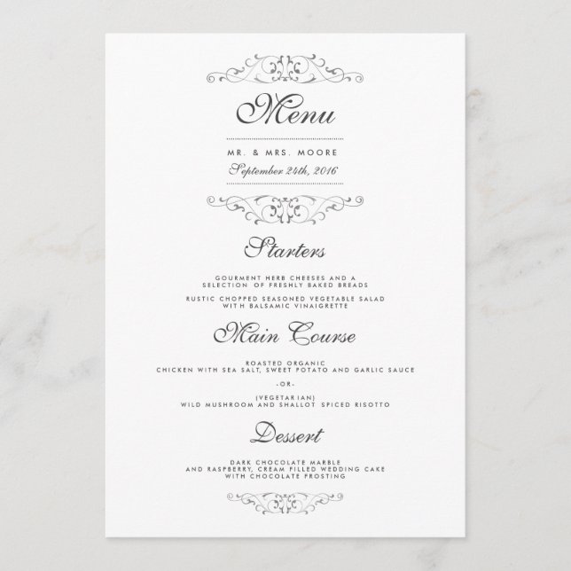 Menu de dîner de mariage en argent antique orné (Devant)