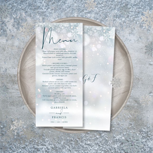 Menu de dîner de mariage enneigé de conte de fées  (Winter Wonderland Snow Wedding Dinner Menu)