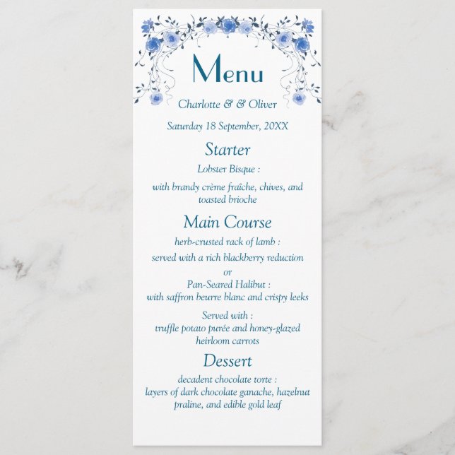 Menu de dîner de mariage floral à l'aquarelle bleu (Devant)