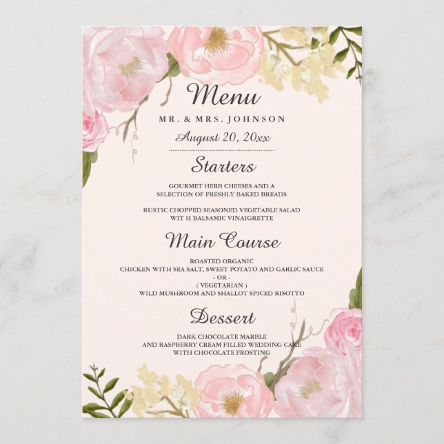 Menu de dîner de mariage floral botanique Blush ro (Devant)