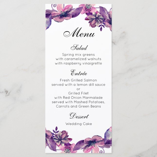 Menu de dîner de mariage floral Carte de menu de f (Devant)