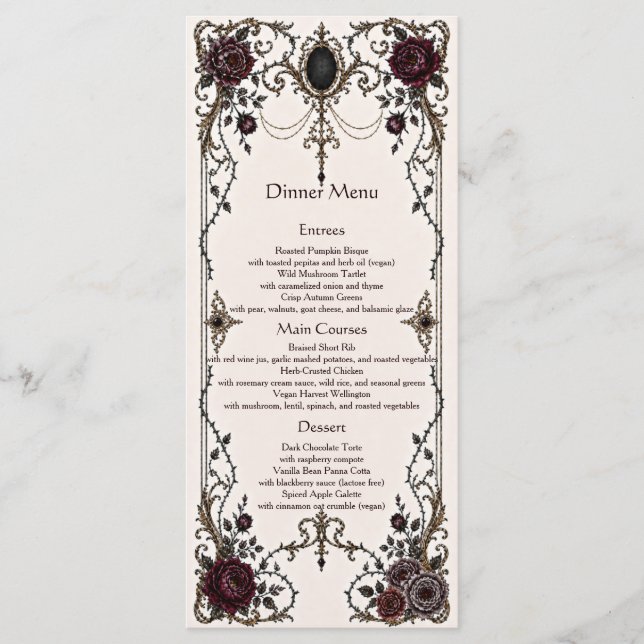 Menu de dîner de mariage floral gothique victorien (Devant)