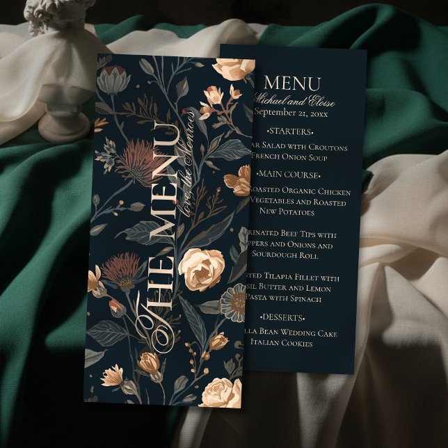 Menu de dîner de mariage floral noir contemporain (Elevate your reception table with this Contemporary Black Floral Wedding Dinner Menu! )