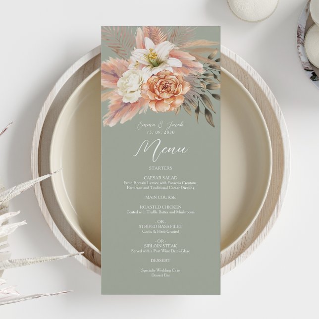 Menu de dîner de mariage floral pêche vert sauge (Créateur téléchargé)
