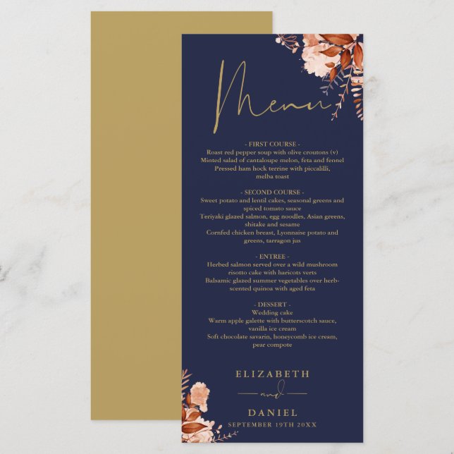 Menu de dîner de mariage floral rustique bleu mari (Devant / Derrière)
