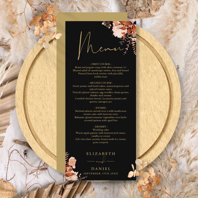 Menu de dîner de mariage floral rustique noir et o (Rustic Floral Black And Gold Wedding Dinner Menu)