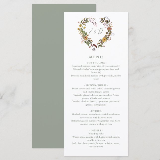 Menu de dîner de mariage floral rustique vert saug (Devant / Derrière)