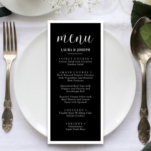 Menu de dîner de mariage minimaliste noir (Créateur téléchargé)