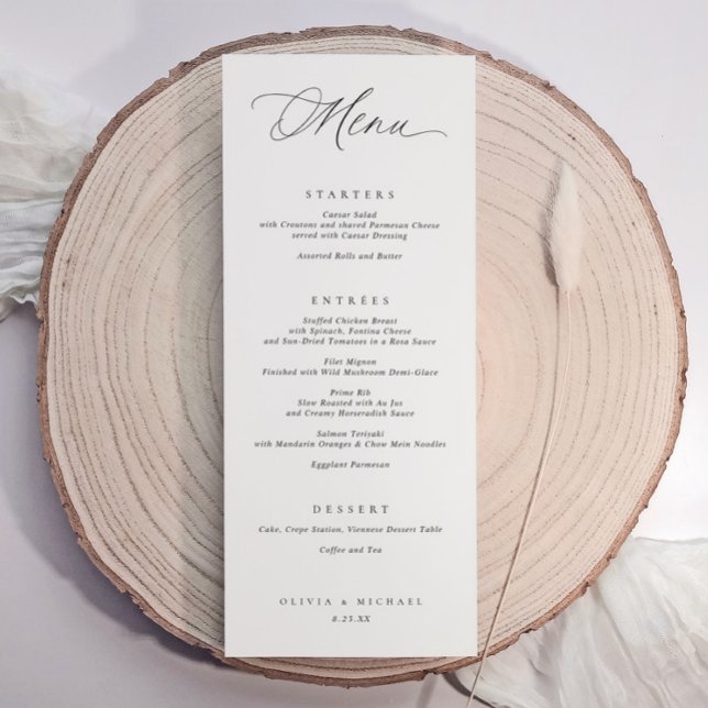 Menu de dîner de mariage noir et blanc à typograph (Elegant wedding dinner menu cards. Modern romantic typography / calligraphy. Centered text.)