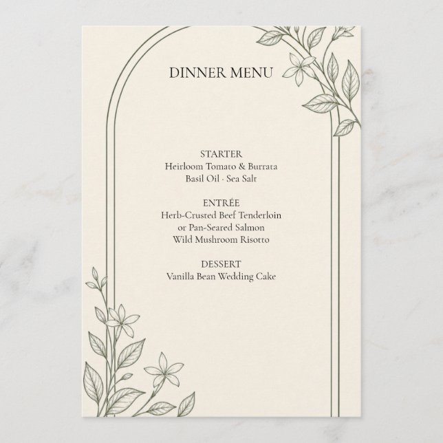 Menu de dîner de mariage Olive Botanical Arch (Devant)