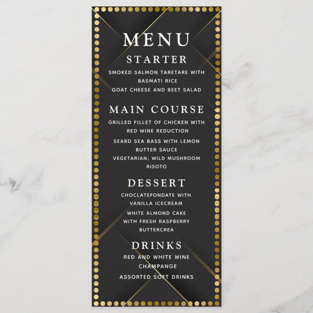 Menu de dîner de mariage or et noir délicat (Devant)