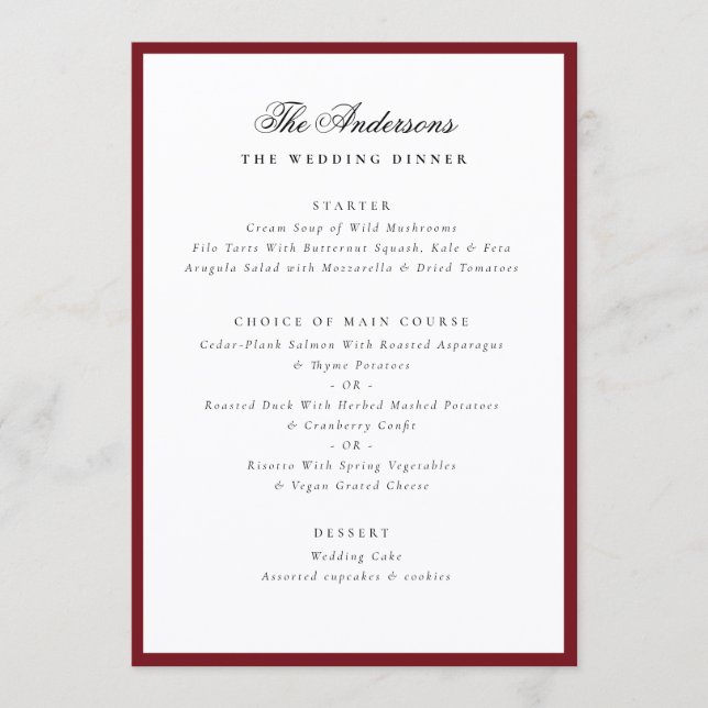 Menu de dîner de mariage personnalisé avec nom en  (Devant)