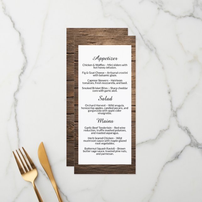 Menu de dîner de mariage rustique à grain de bois (Devant/Arrière en situation)