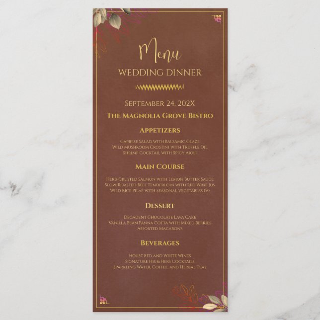 Menu de dîner de mariage Terracotta rustique et or (Devant)