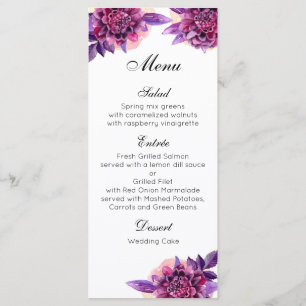 Menu de dîner de mariage violet. Menu floral fête
