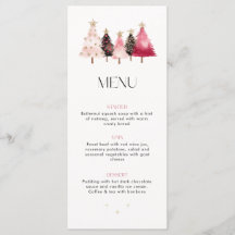 Menu de dîner de Noël aux arbres roses à l'aquarel