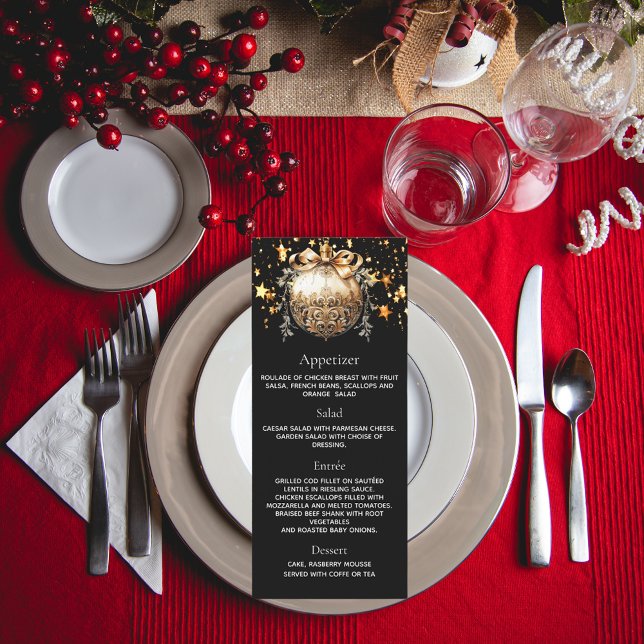 Menu de dîner de Noël avec bauble or noir de fête (Créateur téléchargé)