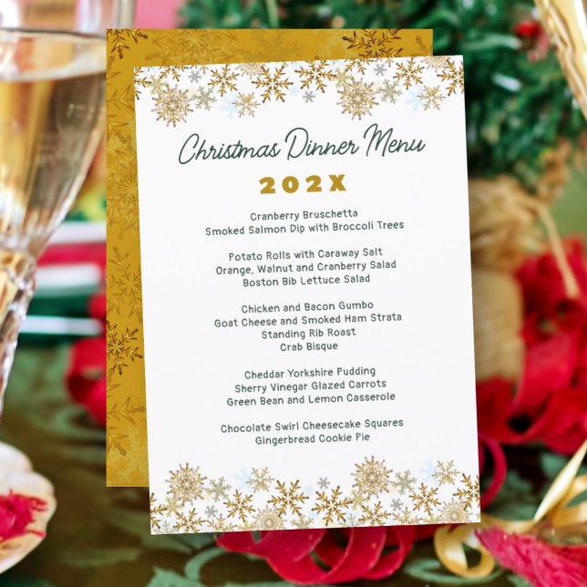 Menu de dîner de Noël en flocons de neige dorés (Créateur téléchargé)