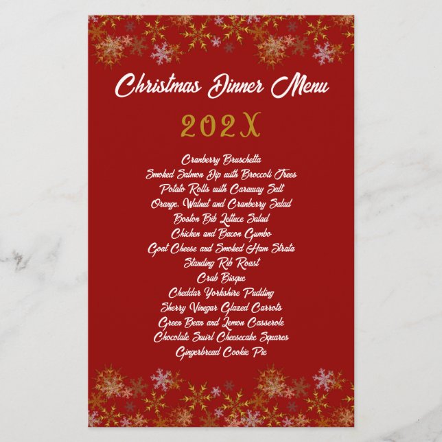 Menu de dîner de Noël Flocons de neige dorés rouge (Devant)