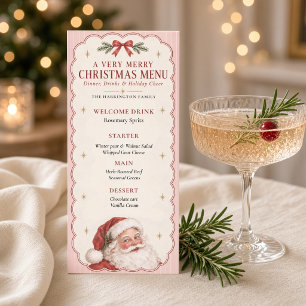 Menu de dîner de Noël vintage Santa rayure rose