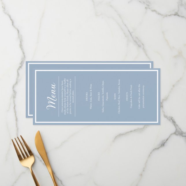Menu de dîner de réception de mariage bleu élégant (Devant/Arrière en situation)