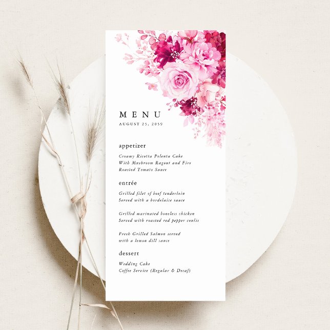 Menu de dîner de réception de mariage floral rose  (Hot Pink Floral Wedding Menu Card, Pink Rose Peony Reception Menu, Elegant Garden Wedding Decor)