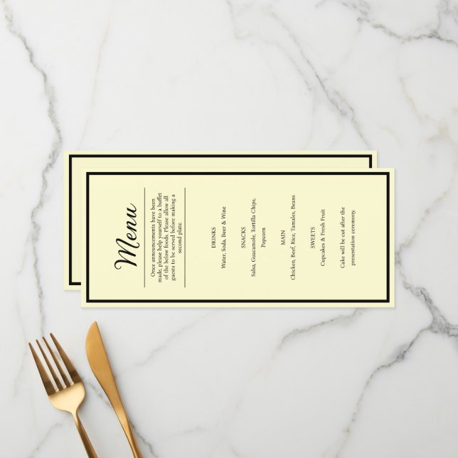 Menu de dîner de réception de mariage jaune beurre (Devant/Arrière en situation)