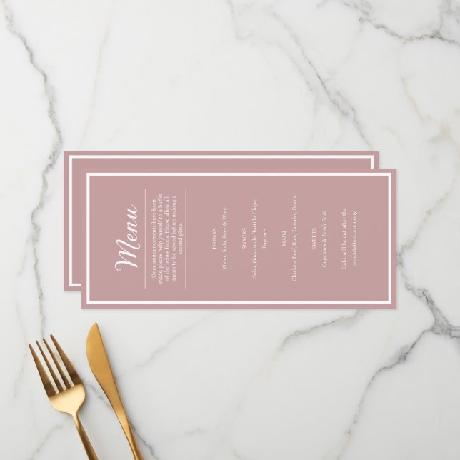 Menu de dîner de réception de mariage joli rose bl (Devant/Arrière en situation)