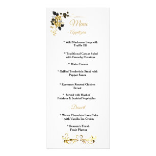 Menu de dîner de soirée élégant à fleurs noir et o