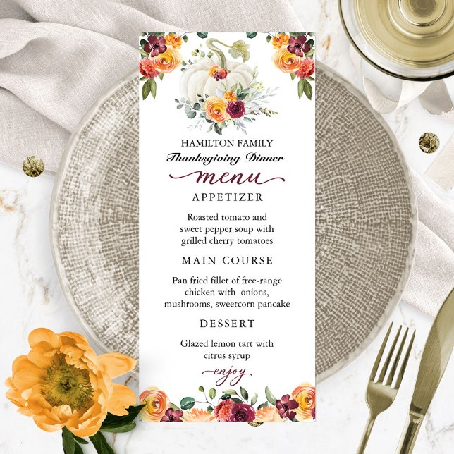 Menu de dîner de Thanksgiving avec citrouille flor (Créateur téléchargé)